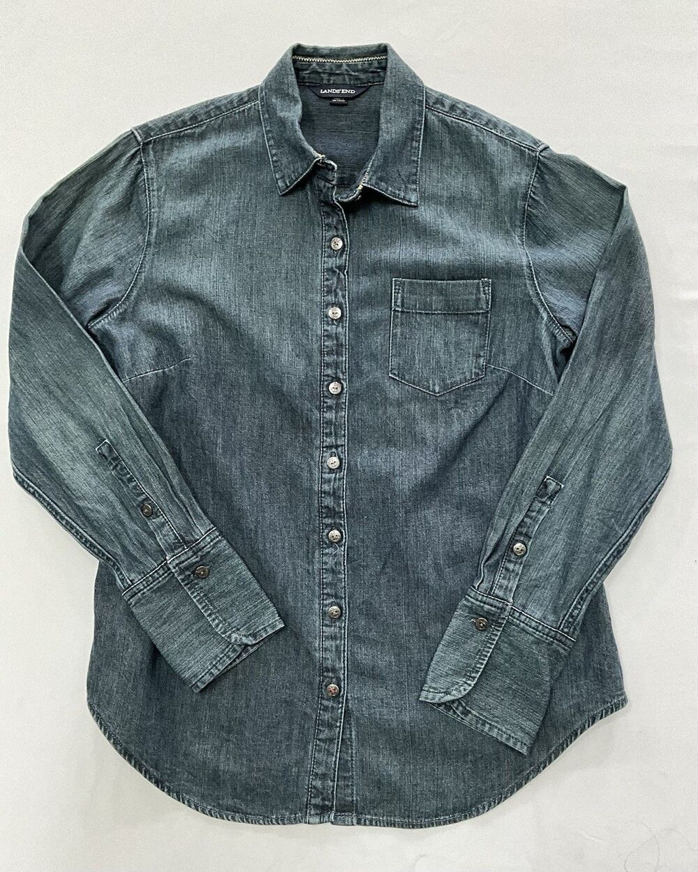Lands' End Women’s Denim Button Down Shirt Long Sleeve Dark Wash Small